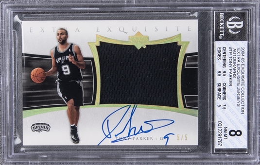 2004-05 UD "Exquisite Collection" Extra Exquisite Jerseys Autographs #TP Tony Parker Signed Game Used Patch Card (#5/5) – BGS NM-MT 8/BGS 8